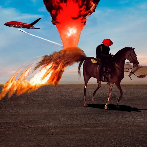 Image similar to donal trump as a cowboy riding a nuke as it's dropped from a plane high adrenaline junkie xtreme sport photography directed by mcg