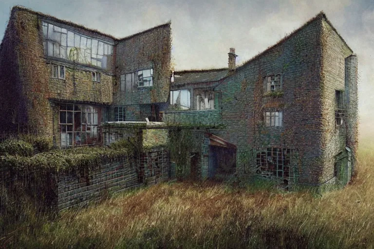 Image similar to cyberpunk, an estate agent listing photo, external view of a 5 bed countryside house in the UK, by Beksinski