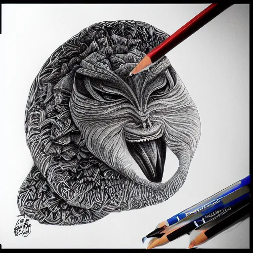 Image similar to surreal creatures drawn in ballpoint pen shading by Ronny Khalil