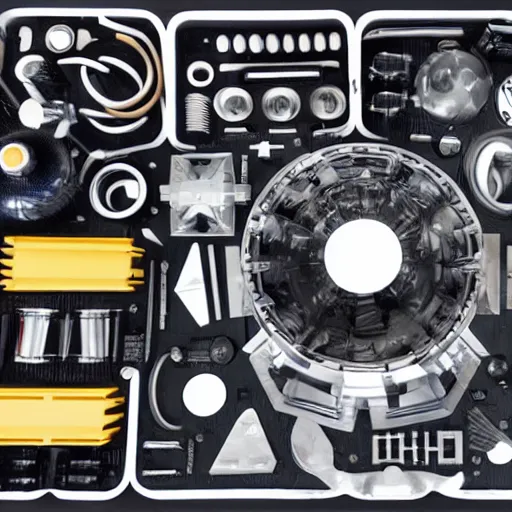 Image similar to knolling of parts from alien warp drive engine