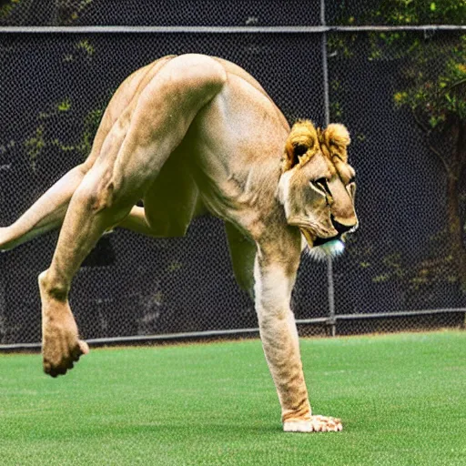 Prompt: an athletic anthropomorphic lioness doing a handstand