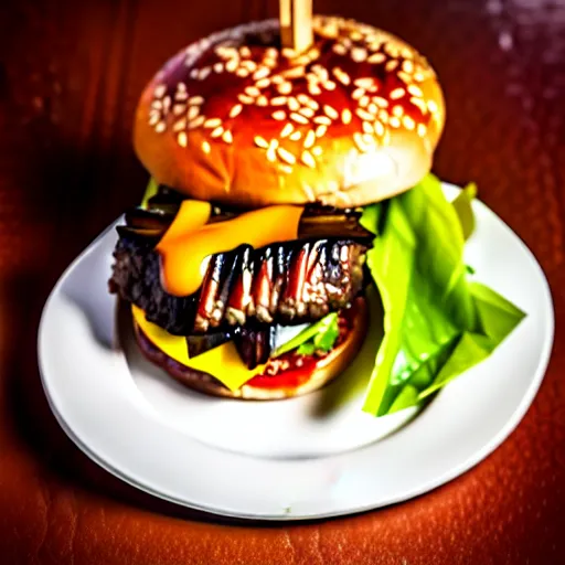 Image similar to The ultimate double cheeseburger with extra unagi, on a hand carved cherrywood plate. Perfect photography.