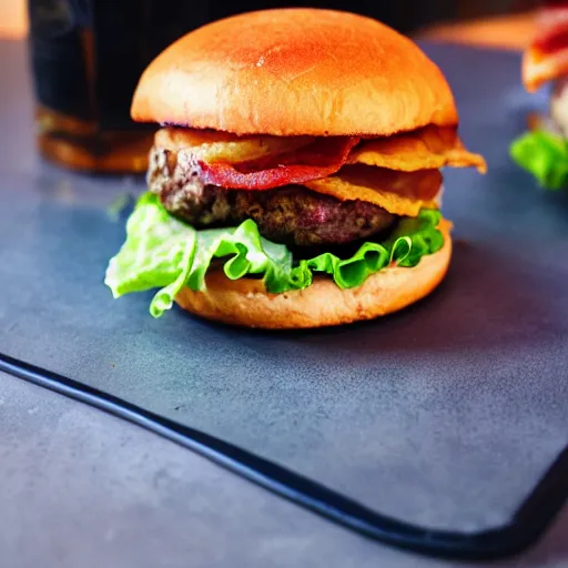 Image similar to perfect bacon cheese burger, award winning food photography, golden hour, holy