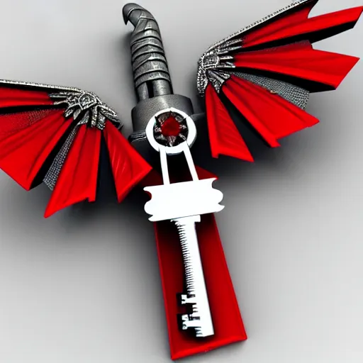 Image similar to a 3d game object of the metal key for the cage, very realistic, with dragon wings and large red diamond in it, it is very detailed, on the white background, rpg game inventory item