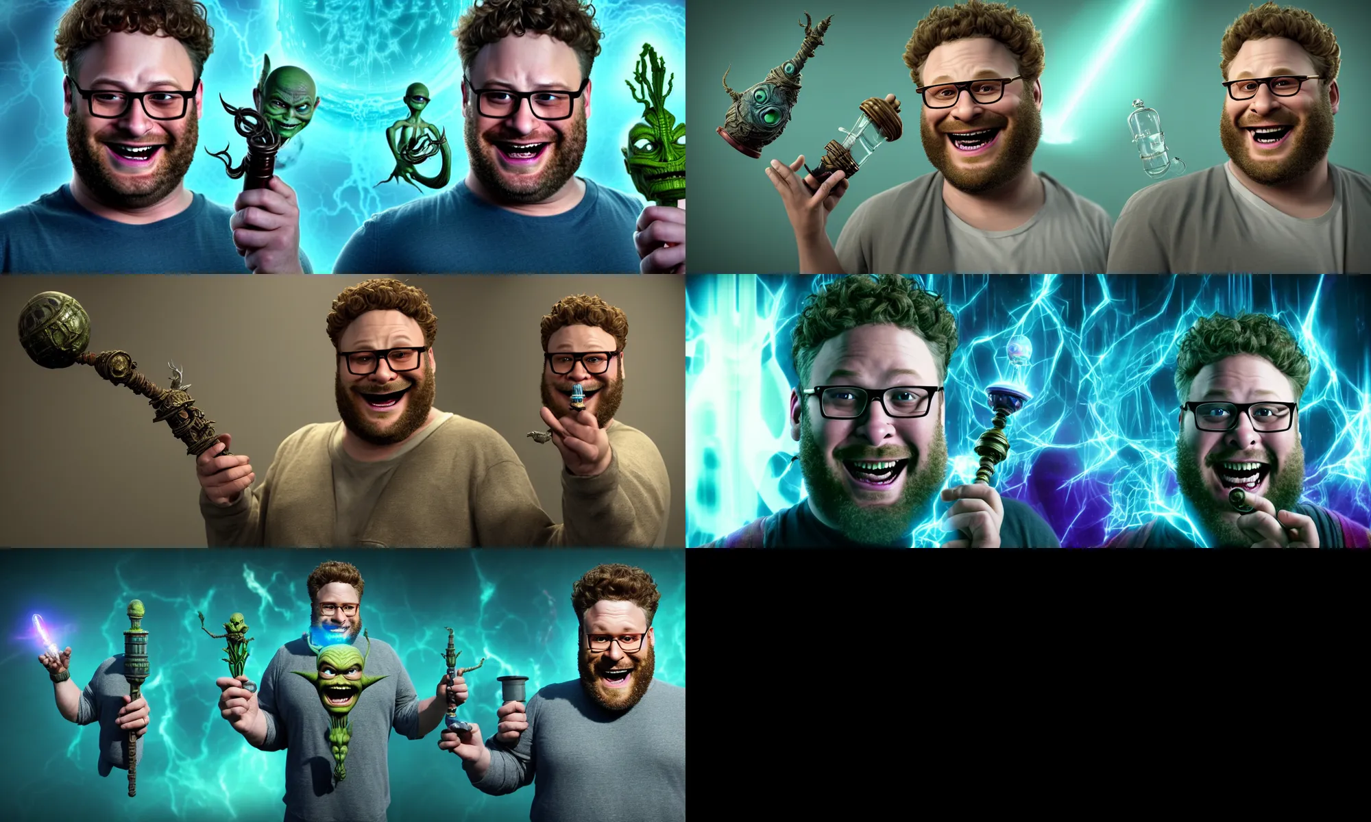 Prompt: a beautiful and intricate 3 d render of a laughing seth rogen poorly disguised as an extra - terrestrial alien holding a bong in the style of the movie thor ragnarok ( 2 0 1 7 ) and mobius, escher, junji ito, detailed, cinematic, studio lighting, magic realism, artstationhq, unreal engine 5, volumetric fog, volumetric light