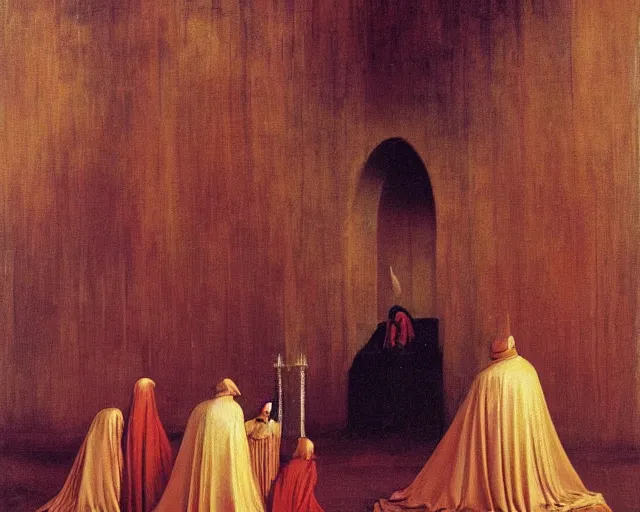 Image similar to devotion to the scarlet woman, priestess in a conical hat, coronation, ritual, sacrament, by francis bacon, beksinski, bosch, mystical redscale photography, opulence, luxury, maximalism.