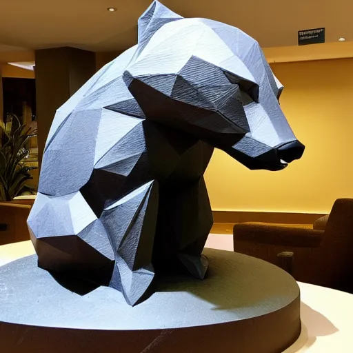 Image similar to a statue of a low-poly badger displayed in a hotel lobby