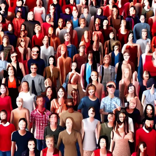 Image similar to a red cgi person inside a crowd of white people