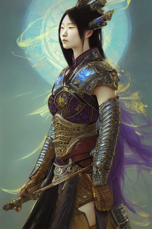 Image similar to beautiful and luxury and holy and elite and colorlpunk young three kingdom chinese female armor knight portrait +shinnyy eyes+front face with light flowing hair, ultradetail face, art and illustration by tian zi and craig mullins and WLOP and alphonse mucha, fantasy, intricate complexity, human structure, human anatomy, fantasy character concept, watermark, blurry, hyperrealism 8k