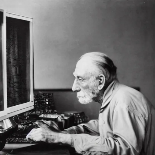 Image similar to old man staring at a highly advanced computer , old photo , 1824 , HD , 4k