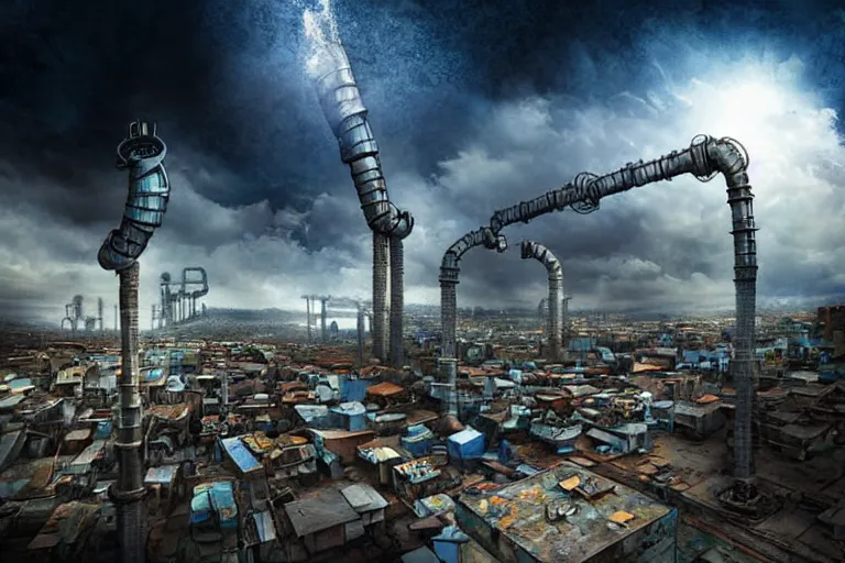 Image similar to cloud favela sculpture, surrealism environment, industrial factory, sunny, milky way, award winning art, epic dreamlike fantasy landscape, ultra realistic,