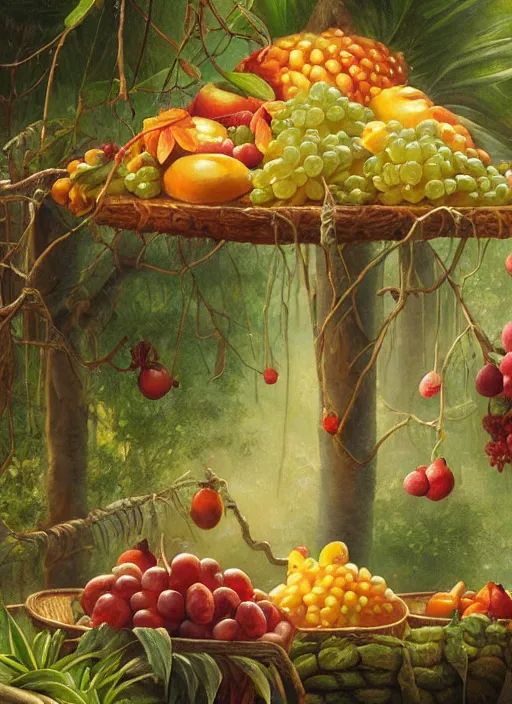 Image similar to a beautiful painting of pots filled with fruits and food in the jungle, close up, abundance, art by christophe vacher