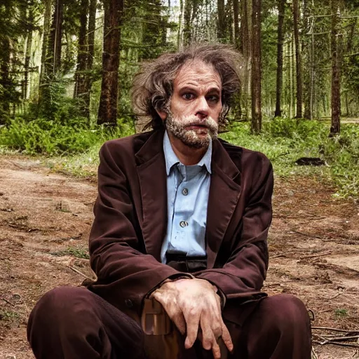 Image similar to A disheveled feral psychiatrist in his natural habitat. He is in his forties and wearing a dirty torn suit. 4K, National Geographic photograph