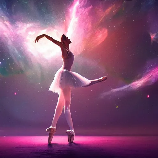 Image similar to a ballerina dancing in space, warm lighting with cool shadows, digital painting, detailed, trending on artstation, nebulas in background, expressive digital painting, in the style of dominik mayer marco bucci, gaston bussiere, and norman rockwell, beautiful nebulas in the background, 8 k, octane render