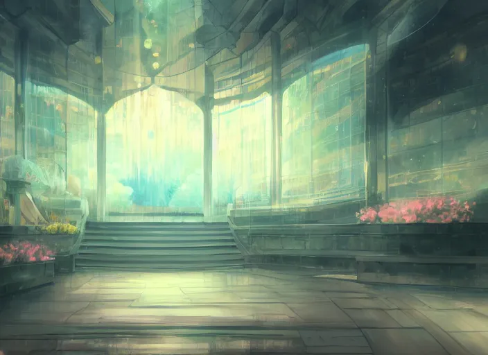 Image similar to anime background clean neat clarity professional visual development set design, large hall, dim painterly lighting volumetric aquatics, impasto, trending on pixiv