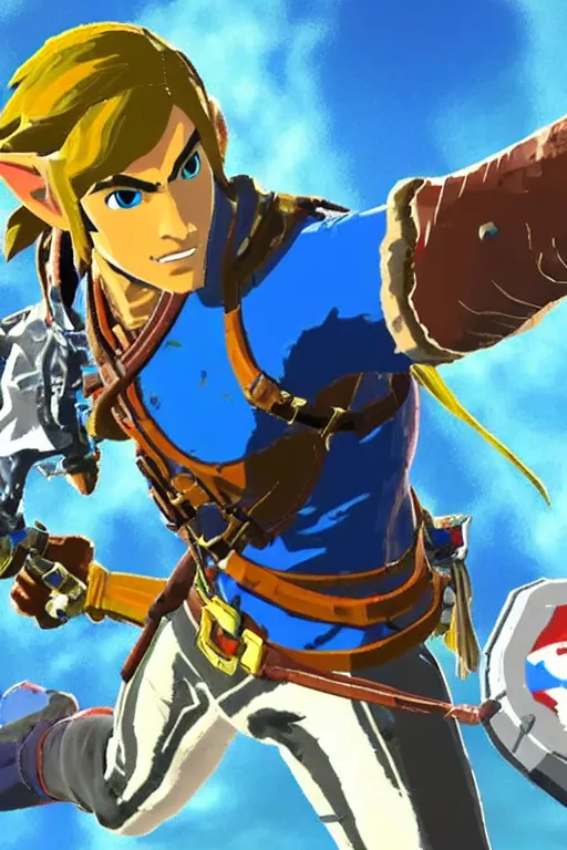 Image similar to in game footage of the character captain falcon in the legend of zelda breath of the wild, breath of the wild art style.