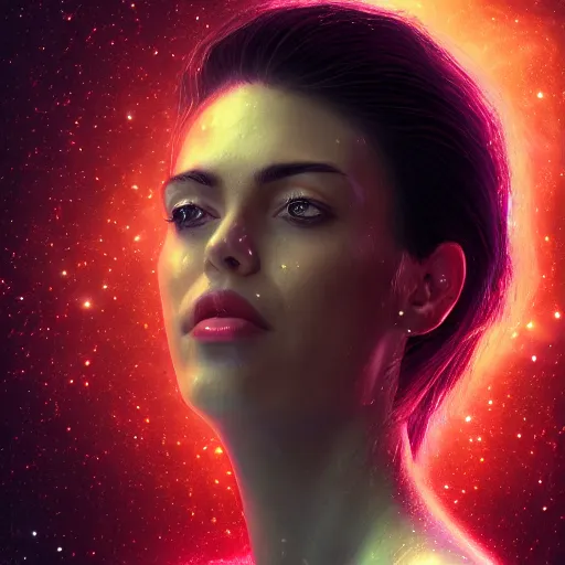 Image similar to woman portrait made out of galaxies, beautiful, cyborg, cinematic comic book art, realistic, highly detailed, octane render