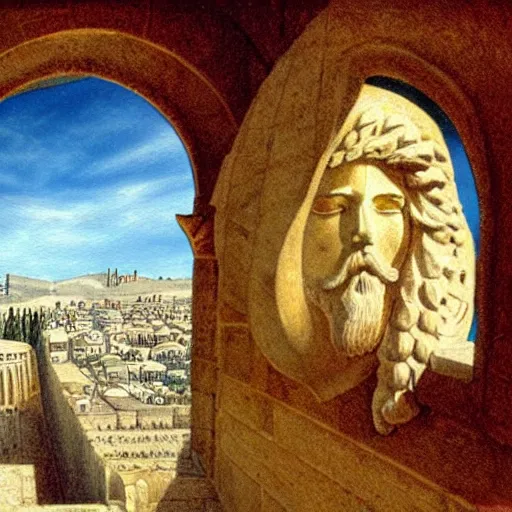 Image similar to fantasy art of king david overlooking the city of jerusalem through his palace window