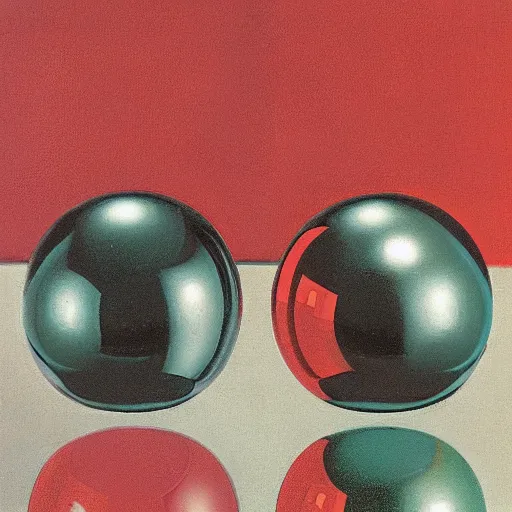 Prompt: chrome spheres on a red cube by hans baldung