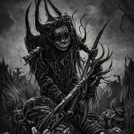 Image similar to goblin army, gothic art, subdued color, detailed, eerie, emotional, gothic, sad, highly detailed, very sharp focus, Artstation, deviantart, artgem, insane detail, intense black line art, precision detail, golden ratio, in the style of Heavy Metal Comics