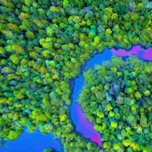 Prompt: color drone photo of an alien planet with lakes and jungles, multiple vibrant colors, rivers, aerial, hyperdetailed, ap photo