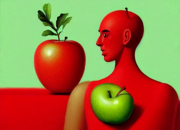 Prompt: a digital painting of a anthropomorphic humanoid green apple wearing a red dress, by netter and René Magritte, style from greg rutkowski, googly eyes, full frame, oil painting, featured on artstation, concept art, smooth, sharp focus, illustration, very detailed, ambient lighting, unreal engine render