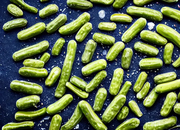 Prompt: photo still of lots of whole pickles falling from the sky, 8 k, 8 5 mm f 1. 8