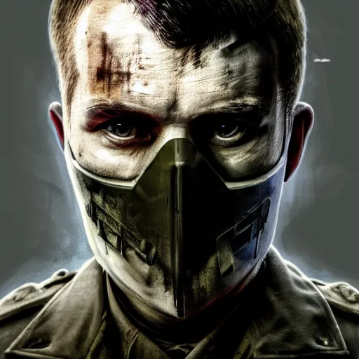 Image similar to a portrait of a Simon Riley with a ghost mask ,call of duty, military , game concept art, illustration, modern warfare, HDR, natural light, shoulder level shot, dynamic pose, award winning photograph, Mucha style, 8k,