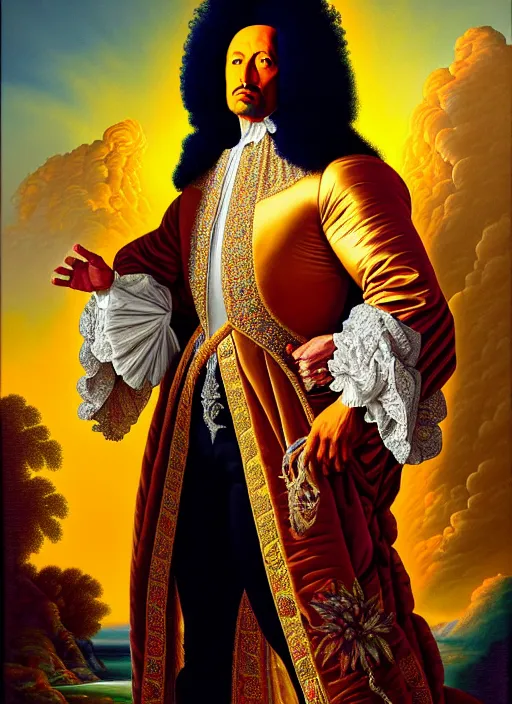 Image similar to beautiful oil painting, full length portrait of dwayne Johnson as Louis xiv in baroque coronation robes 1701, hyacinthe rigaurd , Dan Mumford, Dan Mumford, Alex grey, highly detailed , lsd visuals, dmt fractal patterns, visionary art, psychedelic art, ornate, vaporwave, baroque, Greg rutkowski