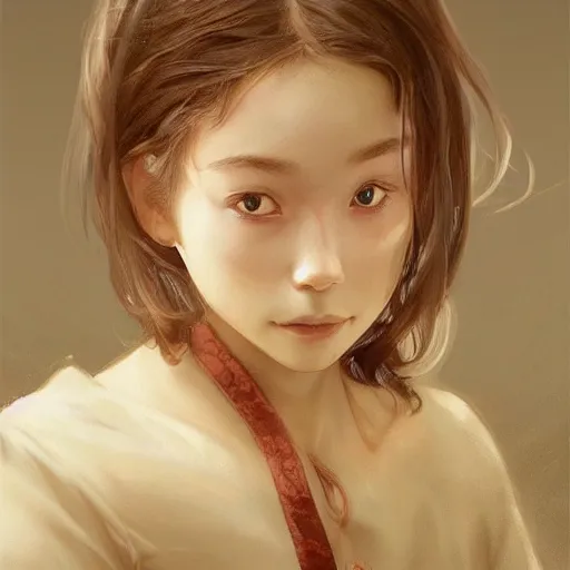 Image similar to a cute fourteen year old japanese girl, evil smile, freckles!!!, fully clothed, highly detailed, digital painting, artstation, concept art, sharp focus, illustration, cinematic lighting, art by artgerm and greg rutkowski and alphonse mucha