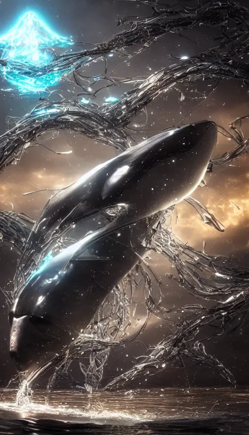 Prompt: summoning a beautiful biomechanical orca spirit from the ocean, organic and robotic, made up of many bits of metal, skin, and plastic, shiny, metallic, cyberpunk, post apocalyptic, hyper realistic, epic angle, octane render unreal engine render, 8k, super detailed, SLEEK!!!