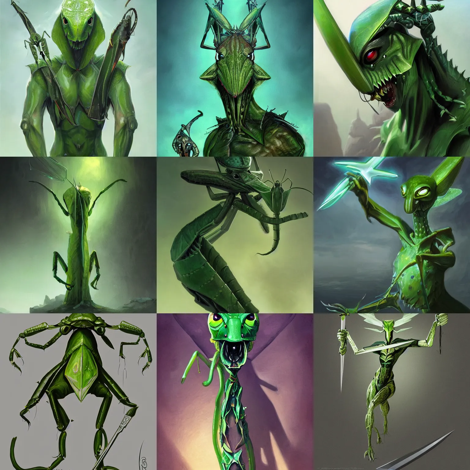 Prompt: stunning portrait of green anthropomorphic mantis religiosa holding an enchanted dagger in powerful front forearms ; hard predatory look ; d & d rogue ; flat triangle - shaped head with antennae ; concept art ; artstation ; 8 k ; wallpapers ; heavy contrast ; cinematic art ; cgsociety ; art by greg rutkowski and artgerm