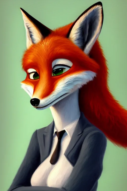 Prompt: oil painting of anthromorphic female fox, in style of zootopia, female fursona, furry, furaffinity, 4 k, deviantart, furry art, fursona art, wearing black business suit, business suit, fox fursona, female, smug expression,