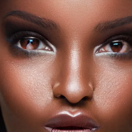 Image similar to a closeup portrait of a black woman with brown hair and brown eyes. Extremely clear and high quality eyes with reflection, realistic face and details, clear lips and high quality