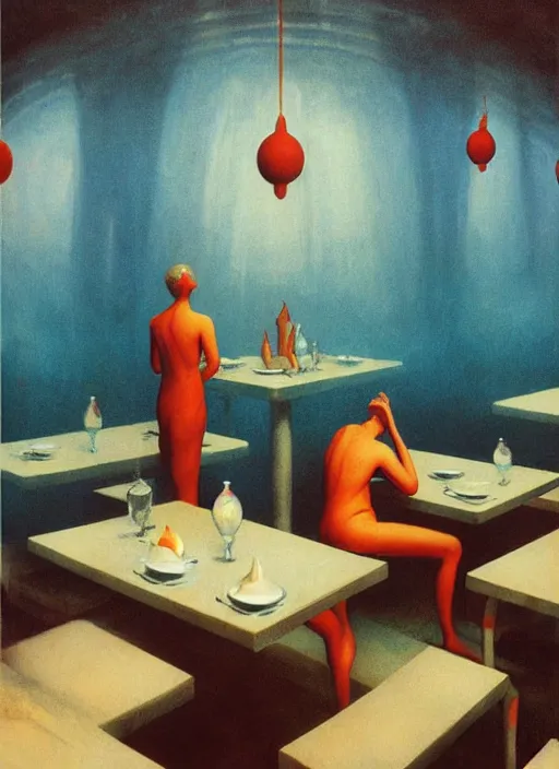 Image similar to spherical water people at underwater restaurant Edward Hopper and James Gilleard, Zdzislaw Beksinski highly detailed