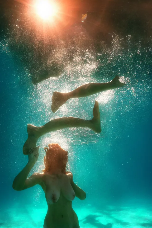 Image similar to underwater looking up, human woman model swimming in large tall rock trench , toward the sun rays and caustics, film , cinematic, underwater photography, low angle view