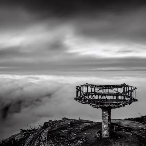 Image similar to ancient hi tech superstructure standing above the clouds with an abandoned city on top, photograph, derelict, hyperrealism,