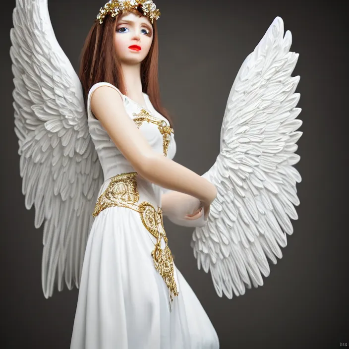 Image similar to photograph of a real-life beautiful angelic woman with ornate white dress . Extremely detailed. 8k