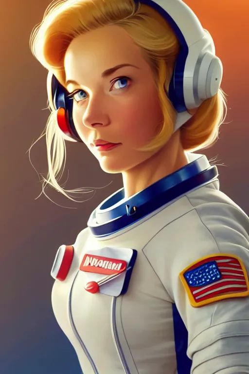 Prompt: animation still frame of an attractive female astronaut ( medium blonde hair ) in an awesome pose, high angle closeup portrait, blurry background of the library, disney, pixar, bloom, medium shot, dramatic lighting, in the style of studio ghibli, j. c. leyendecker, greg rutkowski, artgerm