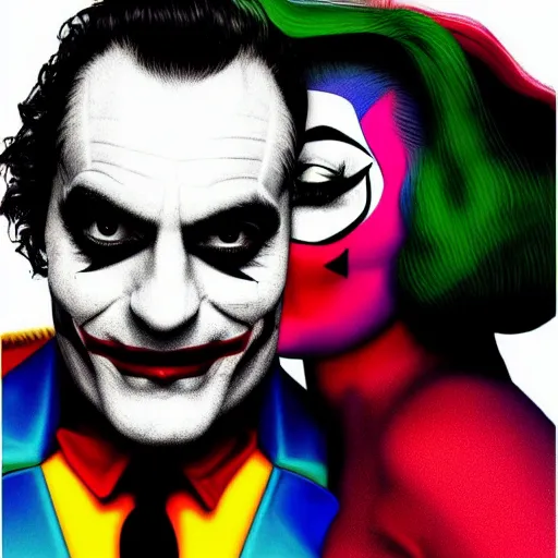 Image similar to richard hamilton and mimmo rottela as lady gaga harley queen and joaquin phoenix joker kissing, pop art, medium long shot, 2 color, justify content center, object details, dynamic composition, 4 k, ultra realistic art, smooth, sharp focus, illustration, concept art, intricate details, h 7 6 8