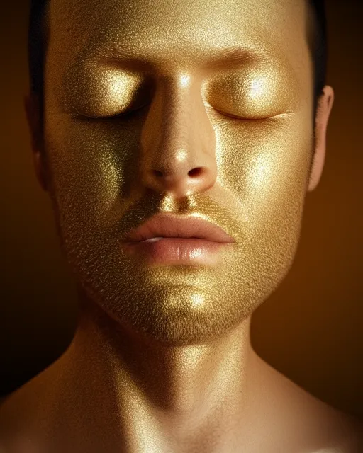 Image similar to realistic portrait of a man covered in gold with closed eyes, photo realistic, detailed, 1 4 5 0, delicate, hyper realism, ultra realistic, 8 k