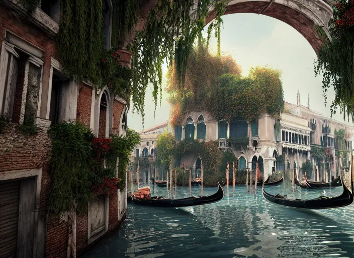 Image similar to overgrown venice in ruins, highly detailed, 4 k, hdr, award - winning, octane render, artstation