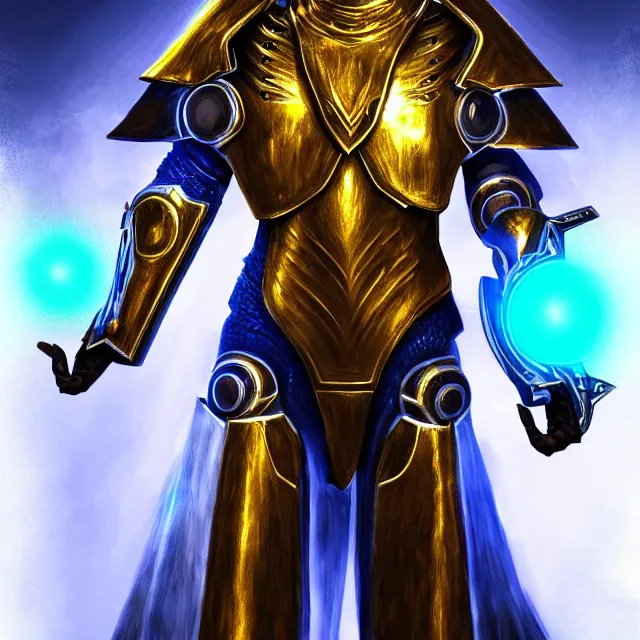 Image similar to digital realistic painting of a futuristic magicpunk intricate armor holy paladin with light powers, highly detailed, 4 k, hdr, smooth, sharp focus, high resolution, award - winning photo