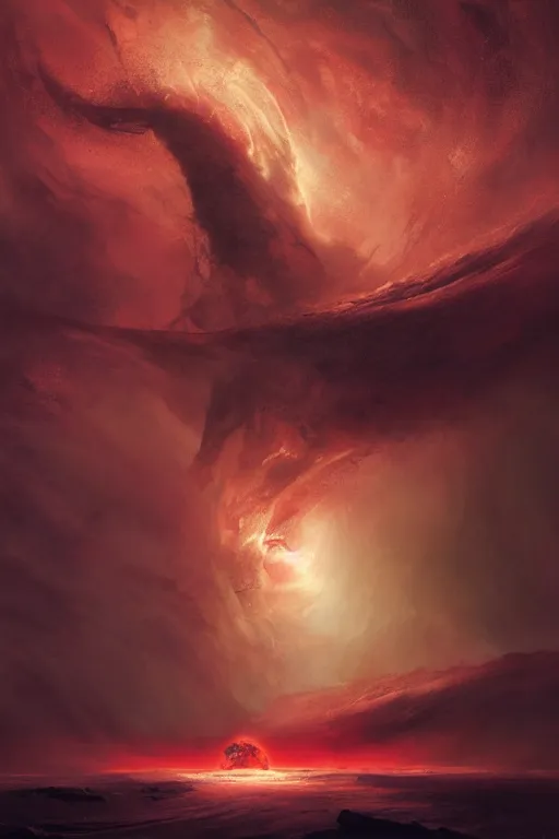Image similar to Turbulent red ocean drained by a black burning hole surrounded by thunders and pulsar in space, concept art, art nouveau, Jessica Rossier, Reylia Slaby, Peter Gric, Tom Bagshaw, Greg Rutkowski, ferdinand knab, global illumination, volumetric lighting, Jorge Jacinto, CGsociety, blood, radiant light, detailed and intricate environment