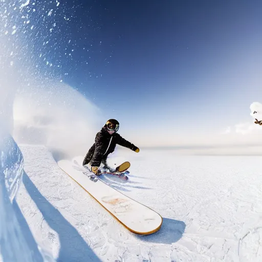 Prompt: a cream-colored havanese dog snowboarding, gopro photo, 4k