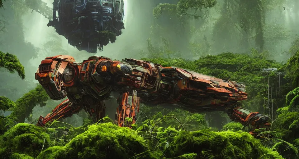 Prompt: a colossal mech that has died and is being overtaken by moss and vines and rust in a jungle inspired ilm, beeple, star citizen halo, mass effect, starship troopers, elysium, iron smelting pits, high tech industrial, warm saturated colours