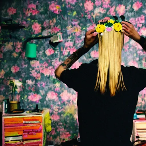 Image similar to kodak portra 4 0 0 photograph of a skinny blonde goth guy standing in a cluttered bedroom, back view, flower crown, moody lighting, telephoto, 9 0 s vibe, blurry background, vaporwave colors, faded!,