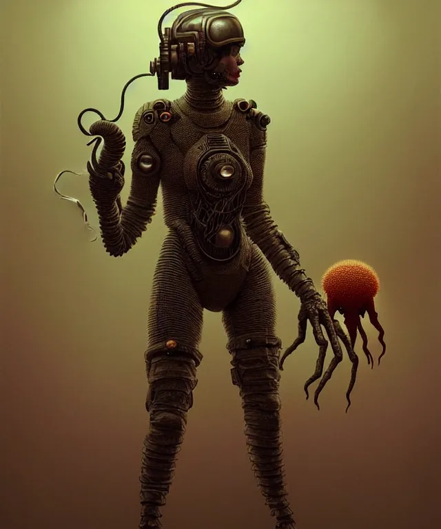 Prompt: realistic portrait of a retro futuristic female soldier fused with the thing, a lovecraft monster and a fly, with ornate vintage armour and open helmet, still from a movie by Terrence Malick, Tarkovsky, Gaspar Noe, James Cameron, intricate artwork by Tooth Wu and wlop and beeple, greg rutkowski, very coherent symmetrical artwork, cinematic, hyper realism, high detail, octane render, unreal engine, 8k, Vibrant colors, Smooth gradients, High contrast, depth of field
