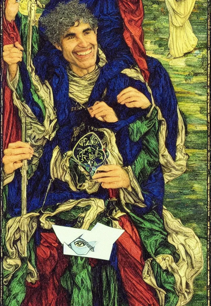 Image similar to Yoshua Bengio smiling on the Tarot card. Illustration by preraphaelists.