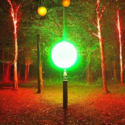 Image similar to forrest illuminated by glowing spheres, night, 5 5 mm